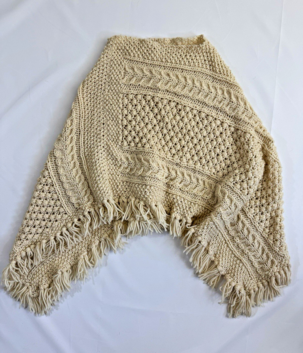 Beige Solid Knit Fringe Shawl/Wrap for Women, Acrylic Cable Knit